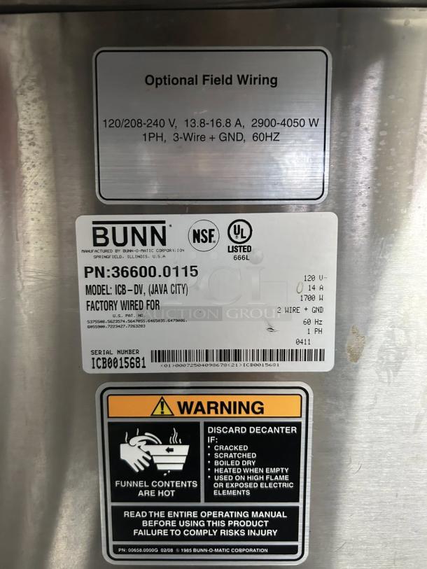 Bunn 53100.0000 ICB-DV coffee brewer, dual voltage, tested and working, great condition. Labels and warnings visible.