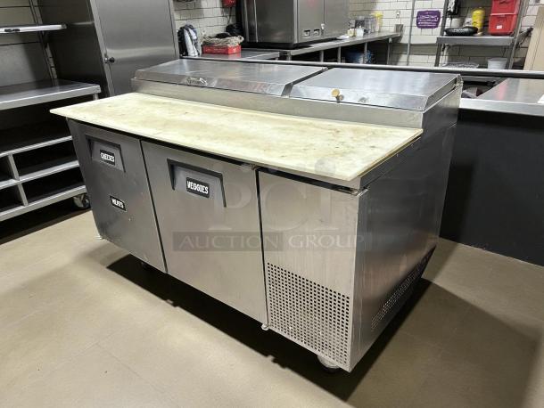 True TPP-AT-67-HC 67" pizza prep table, stainless steel, with refrigerated base, labeled compartments, tested, great condition.