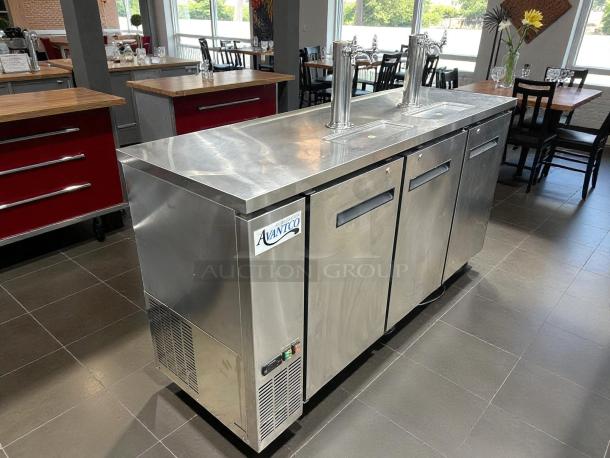Avantco UDD-72-HC kegerator beer dispenser, black, double tap, 3 half keg capacity, tested, working, with stainless steel finish.