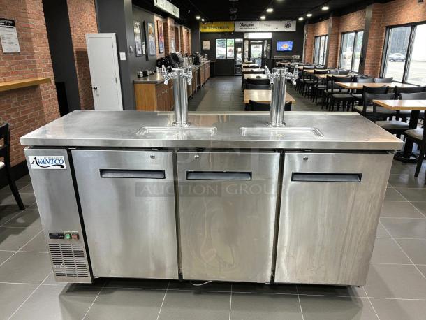 Avantco UDD-72-HC black kegerator with two double taps, holds three 1/2 kegs. Tested, working in excellent condition.