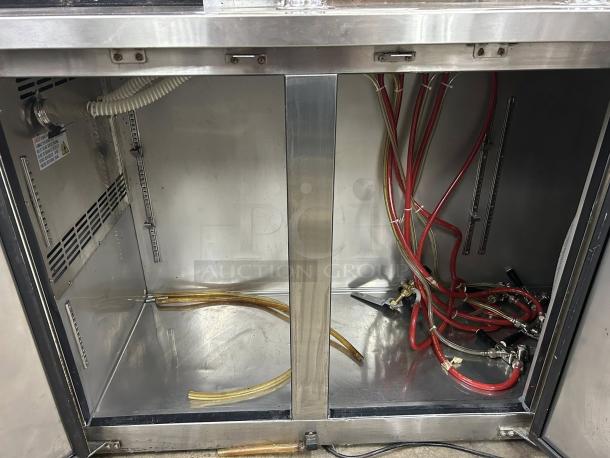Avantco UDD-72-HC kegerator interior view with tubing and connections, tested and working, fits (3) 1/2 kegs, stainless steel.