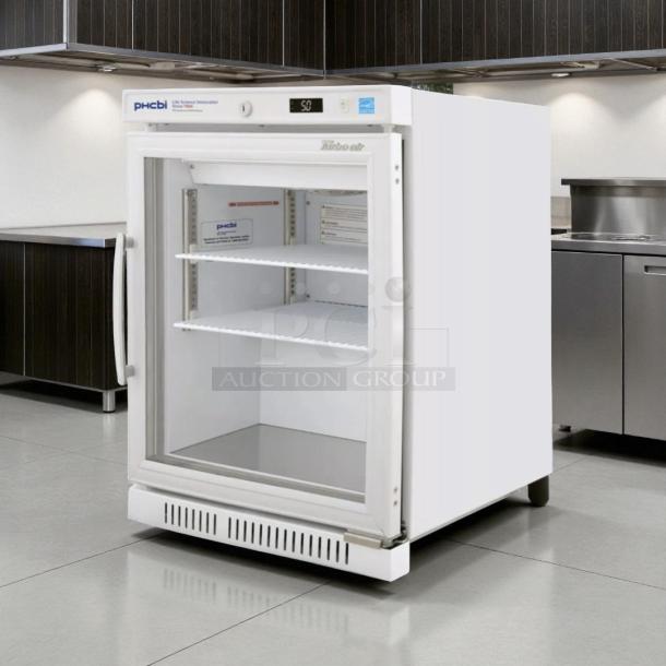 Turbo Air TSU-4RW-N6 countertop vaccine refrigerator, white, two shelves, tested, digital display, model number visible.