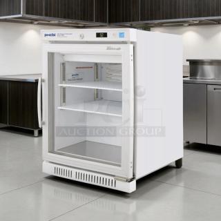 Turbo Air TSU-4RW-N6 countertop vaccine refrigerator, white, two shelves, tested, digital display, model number visible.