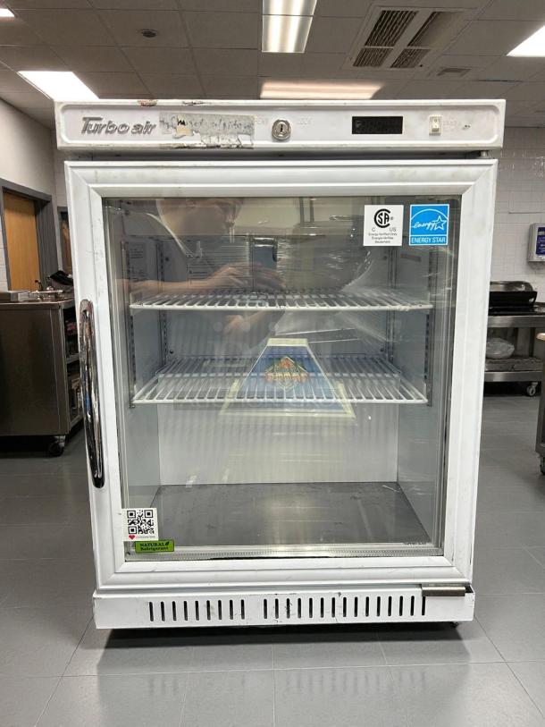 Turbo Air TSU-4RW-N6 countertop vaccine refrigerator, tested and working, white exterior, glass door, visible digital display.