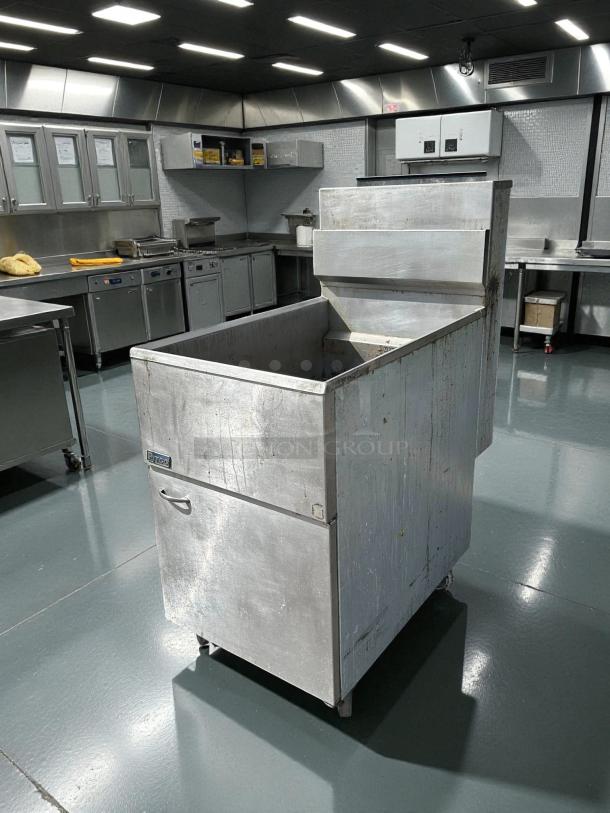Pitco VF-65S gas fryer, 65 lb vat, floor model, stainless steel, tested, natural gas, excellent condition, visible logo.