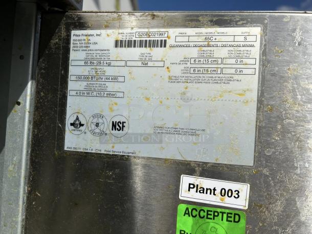 Pitco VF-65S gas fryer label with specifications, including 65 lb vat capacity and 150,000 BTU/hr input. NSF certified.