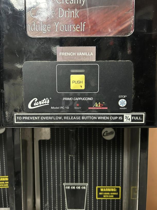 Curtis PC 1D-10 cappuccino machine, excellent condition, tested working, features French vanilla option, user instructions visible.