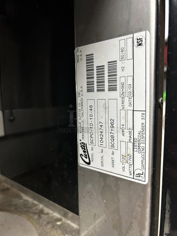 Curtis PC 1D-10 cappuccino machine in excellent condition, visible model tag for authenticity, tested and working.