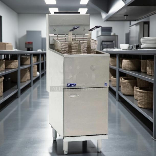 Pitco 40D 40 LB natural gas deep fryer in excellent condition, stainless steel, tested and working, restaurant setting.