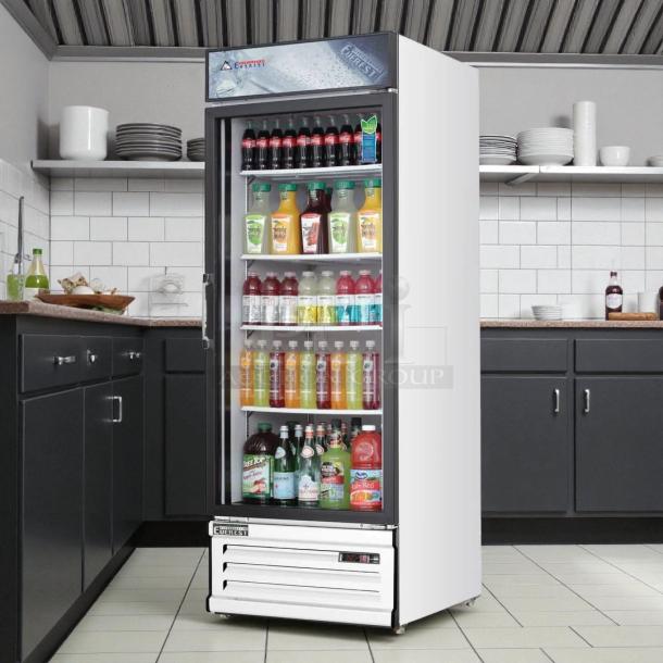 Everest EMGR24 28" one-door merchandiser refrigerator, tested and working, stocked with beverages, in excellent condition.