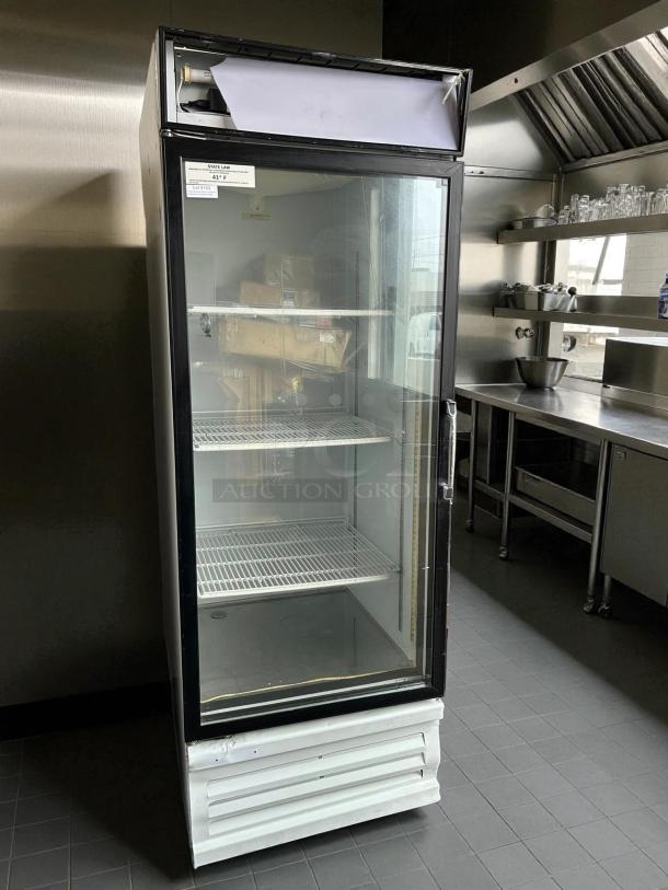Everest EMGR24 28" one-door merchandiser refrigerator, working condition, glass front, three shelves, restaurant kitchen setting.