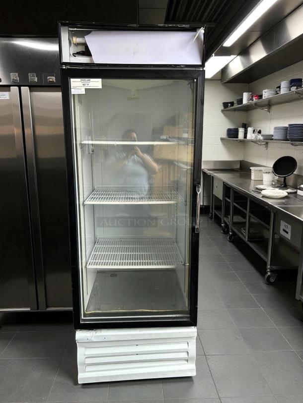 Everest EMGR24 28" one-door merchandiser refrigerator, black frame, glass door, tested working, excellent condition.