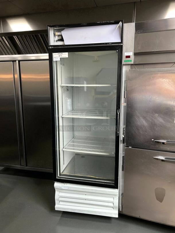 Everest EMGR24 28" Merchandiser Refrigerator, one door, white interior, tested, working, shelves visible, good condition.