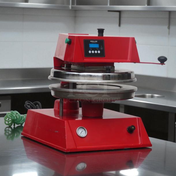 PROLUX DP2300 12" semi-automatic pizza press, red, tested, working. Features temperature gauge and digital controls.