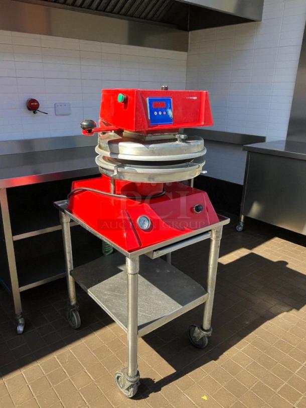 Proluxe DP2300 semi-automatic 12" pizza press, red, 115v, tested and working, control panel visible, cart not included.