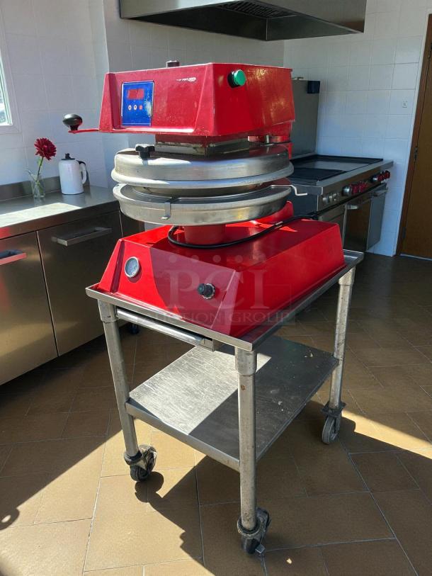 Proluxe DP2300 12" semi-automatic pizza press, red, tested and working. Includes digital controls. Cart not included.