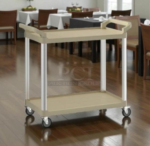 Brand new Choice 109CARTLG2BG utility bus cart, large, beige, two shelves, 31" x 19", in excellent condition, on casters.