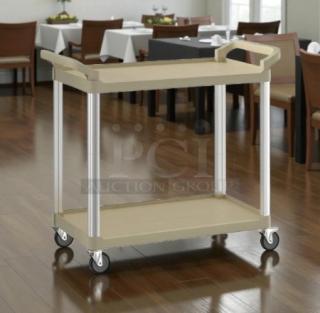 Brand new Choice 109CARTLG2BG utility bus cart, large, beige, two shelves, 31" x 19", in excellent condition, on casters.