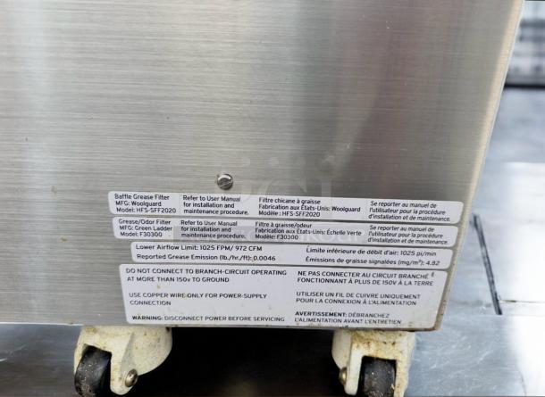 Apace UM1EGA ventless hood system, 208V, in prime condition. Features Woolguard filter model HFS-SFF2020, Green Ladder filter model F30300, on casters. Fully tested.