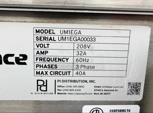 Label of Apace UM1EGA ventless hood showing model, serial, 208V, 32A, 60Hz, 3-phase, 40A. Contact info for PI Distribution.