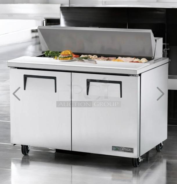 TRUE TSSU-60-12 sandwich prep table in prime condition, featuring 2 doors, stainless steel, fully tested, on casters.
