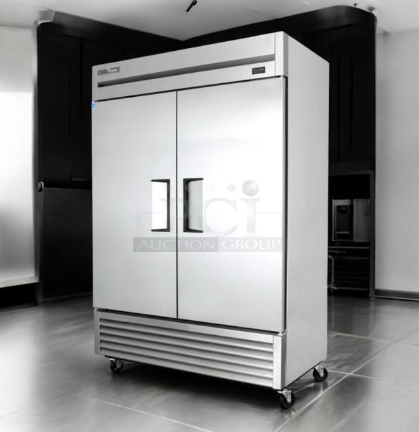 Immaculate True T-49-HC reach-in refrigerator, stainless steel, dual doors, fully tested, on casters, True Manufacturing brand.