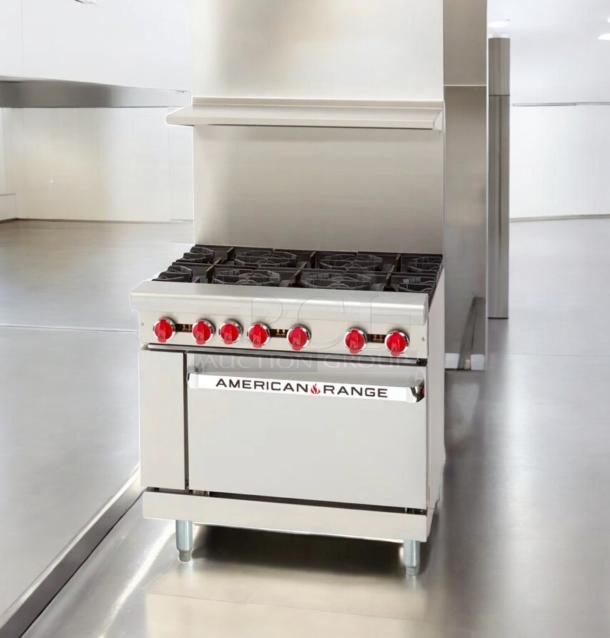 American Range 6-burner gas range with standard oven, high back shelf, stainless steel, excellent condition, fully tested.