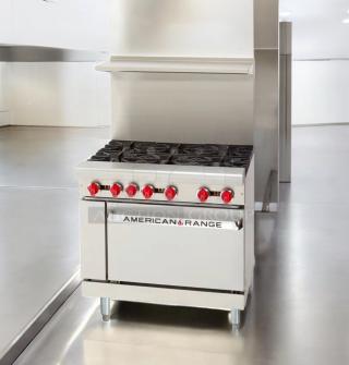 American Range 6-burner gas range with standard oven, high back shelf, stainless steel, excellent condition, fully tested.