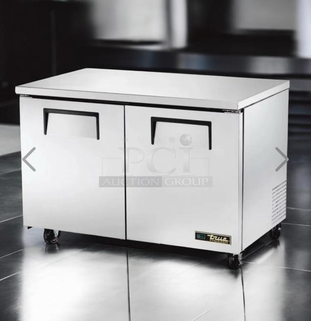 Used pristine True TWT-48 2-door worktop refrigerator, stainless steel, fully tested, True Manufacturing logo visible.