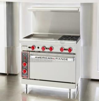 American Range AR-6B/24G, 6-burner gas range, 24" griddle, convection oven, pristine condition, fully tested, working.