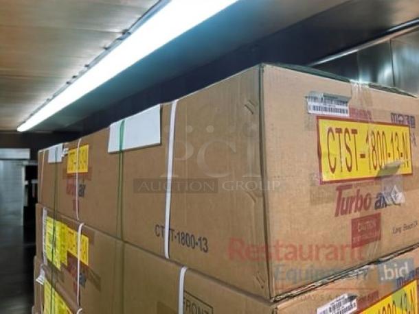 Brand new Turbo Air CTST-1800-13-N refrigerated countertop prep rail in box. Model and brand labels visible.