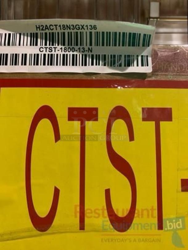 Pristine Turbo Air CTST-1800-13-N refrigerated countertop prep rail, brand new in box, barcode and model labels visible.