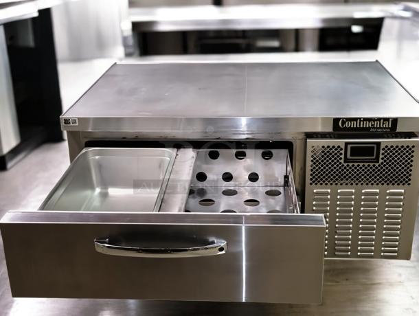 Continental Refrigerated Chef Base, two-drawer worktop, stainless steel, prime condition, commercial model.