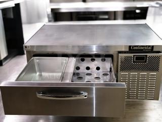 Continental Refrigerated Chef Base, two-drawer worktop, stainless steel, prime condition, commercial model.