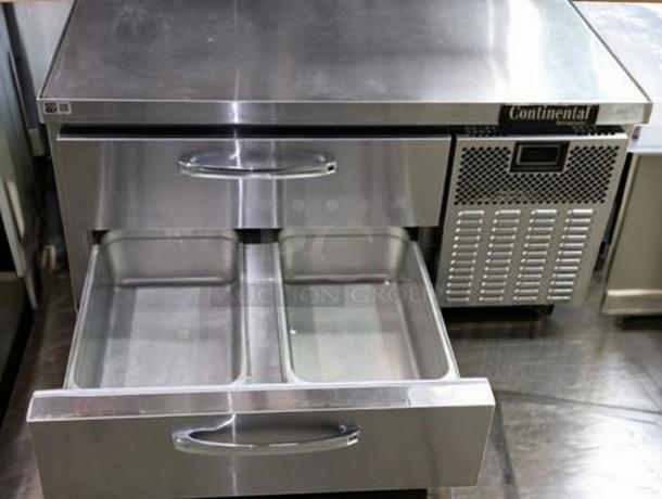 Continental Refrigerator two-drawer worktop, model Commercial Chef Base. Used, prime condition, fully tested. Stainless steel.