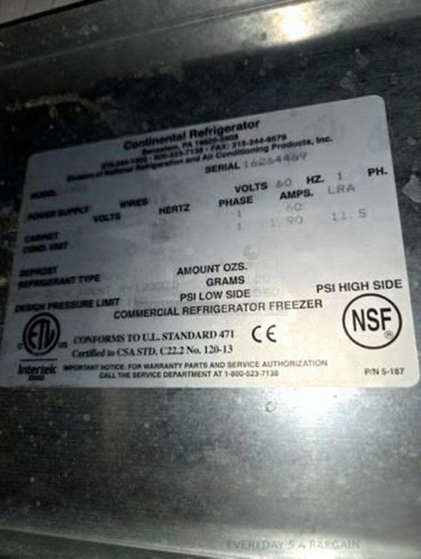 Prime condition Continental Refrigerator commercial chef base, fully tested. Features two drawers. Label: NSF, UL certified.