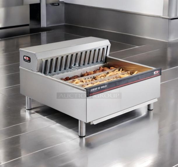 Pristine stainless steel cold well, model 810131-092023, fully tested, with food inside. Commercial-grade, drop-in design.