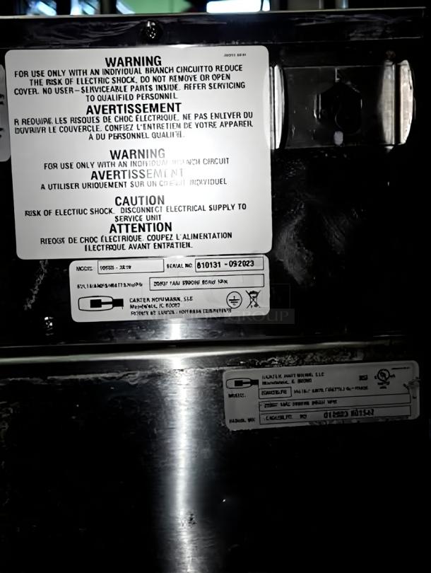 Stainless steel drop-in cold well, model 810131-092023, pristine condition, fully tested, includes safety warnings.