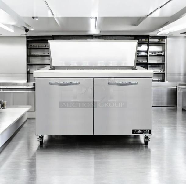 Continental Refrigerator Worktop Drawer Unit SW48N1BM in prime condition, fully tested, stainless steel, dual doors, on casters.