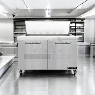 Continental Refrigerator Worktop Drawer Unit SW48N1BM in prime condition, fully tested, stainless steel, dual doors, on casters.