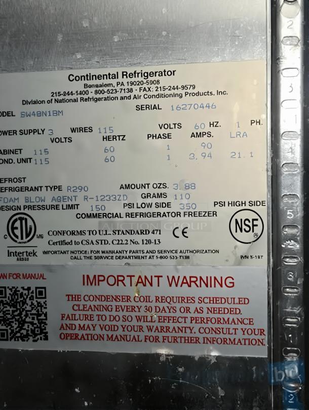 Alt Text: Close-up of the label on Continental Refrigerator SW48N1BM worktop drawer unit, showing model, serial number, and safety warnings.