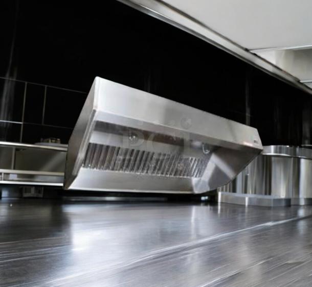 Commercial stainless steel exhaust hood in pristine condition, fully tested and working, with sleek design and robust construction.