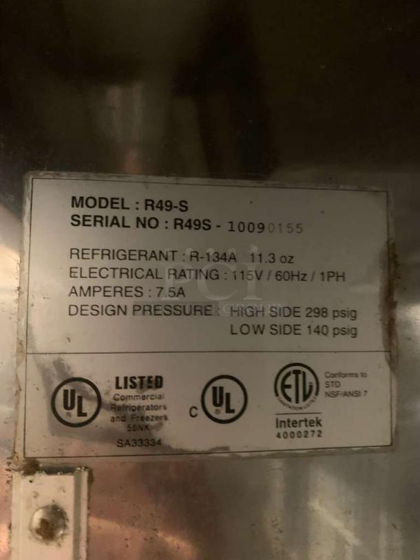 Label of True R49-S commercial reach-in refrigerator, showing model, serial number, refrigerant type, and electrical ratings.