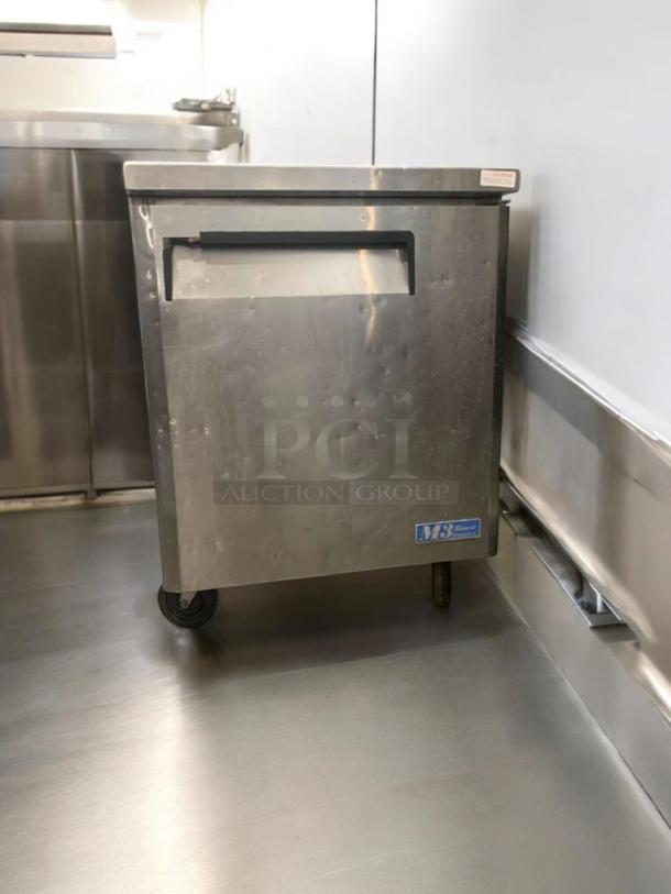 Turbo Air MUF-28 undercounter freezer, stainless steel, fully tested, working, on casters, 115V, front label visible.