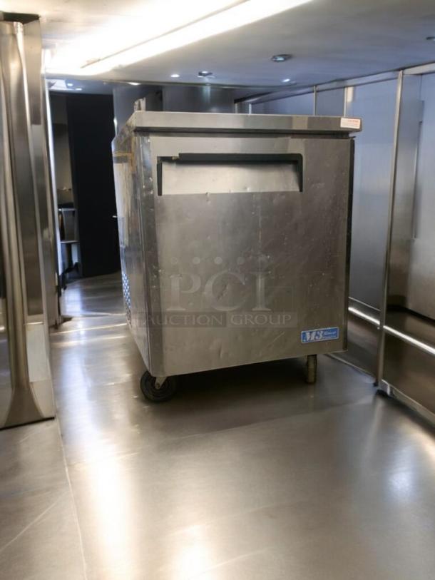 Turbo Air MUF-28 undercounter freezer, stainless steel, fully tested, working, on wheels, model MUF-28 visible.