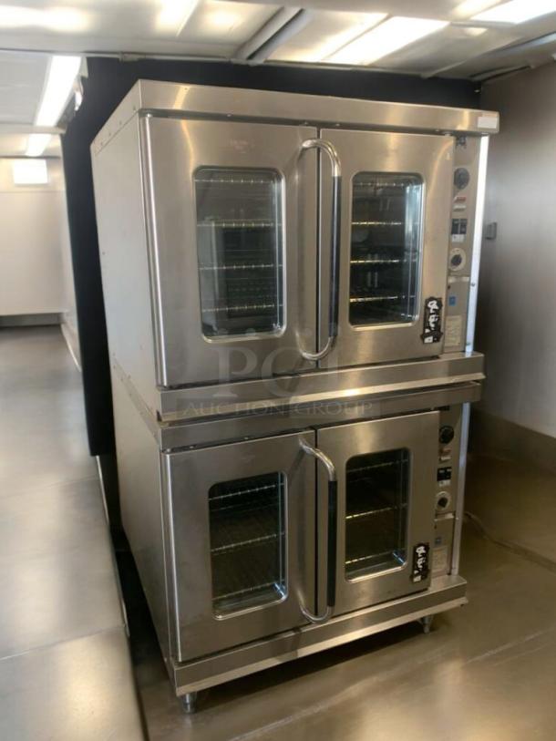 Double-stack Montague EK-15A electric convection ovens, stainless steel, prime condition, fully tested, clear glass doors.