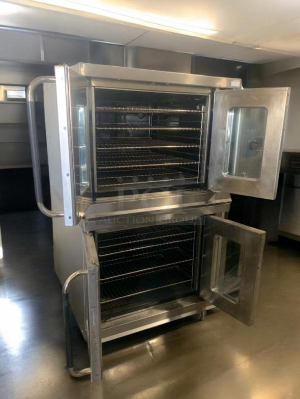 Double-stack Montague EK-15A electric convection ovens, prime condition, stainless steel, fully tested, open doors.
