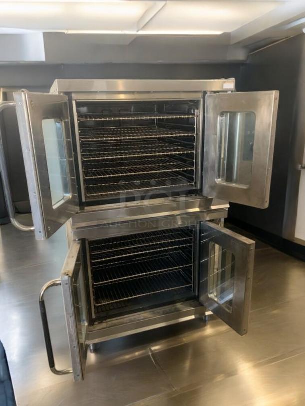 Montague EK-15A double-stack electric convection ovens, stainless steel, prime condition, open doors, fully tested.
