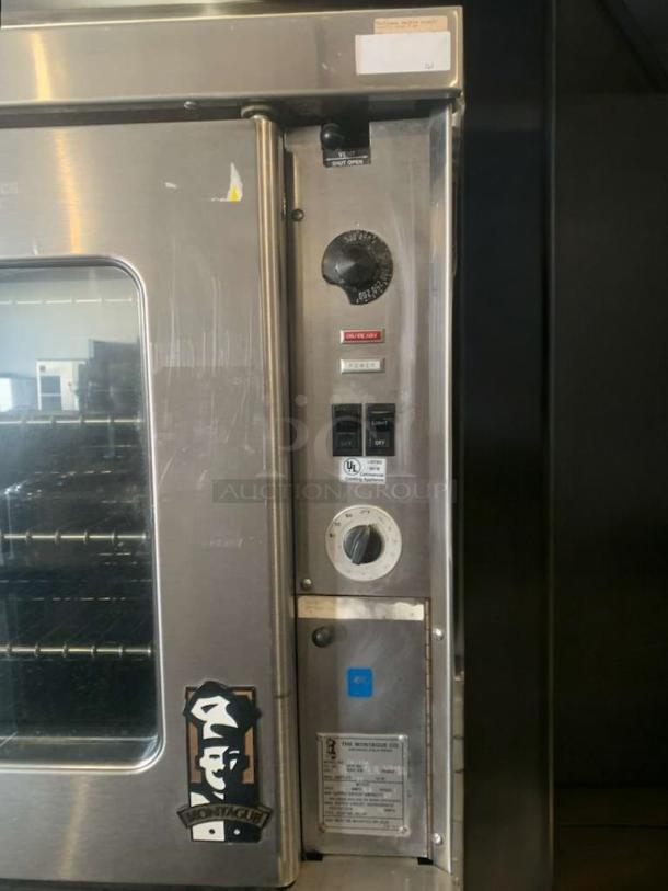Prime Condition Montague EK-15A double-stack electric convection ovens, fully tested, visible controls and labels, stainless finish.