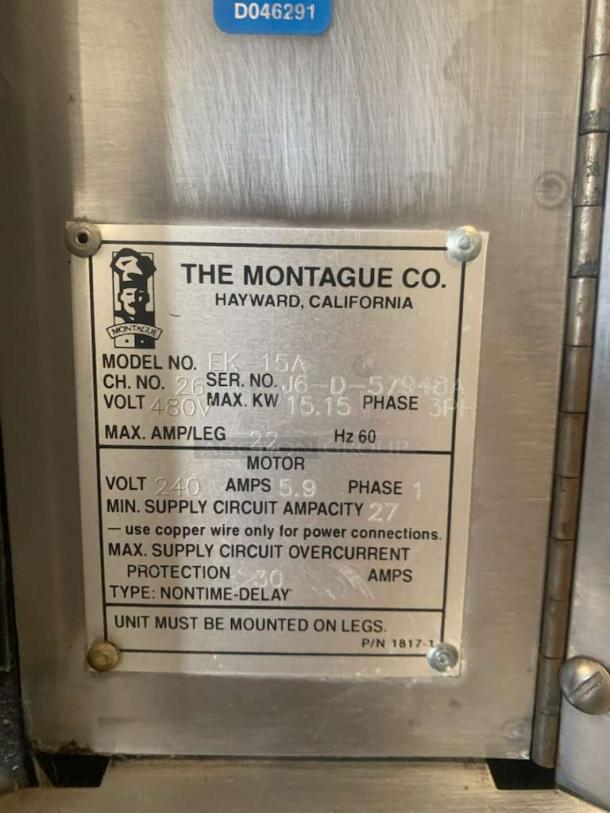 Montague EK-15A label, showing model, serial number, voltage specs, and manufacturing details. Fully tested, prime condition.